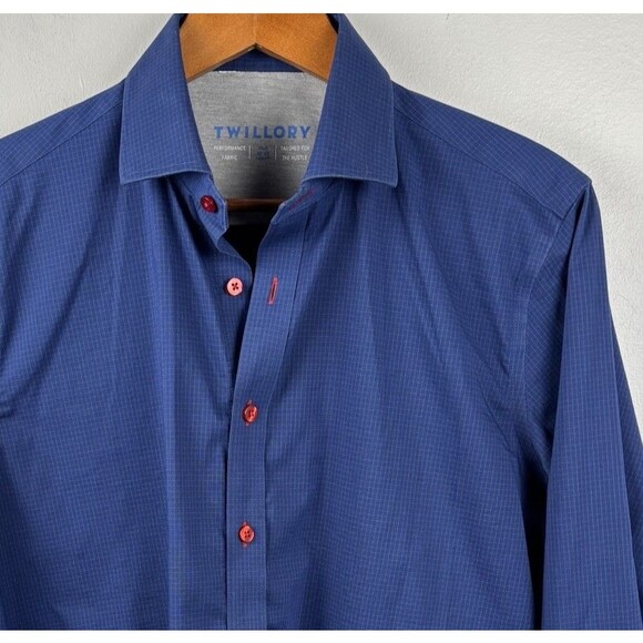 Twillory Shirt Mens 15.5 32 33 Trim Fit Blue Check Performance Dress Red Buttons - Picture 1 of 6